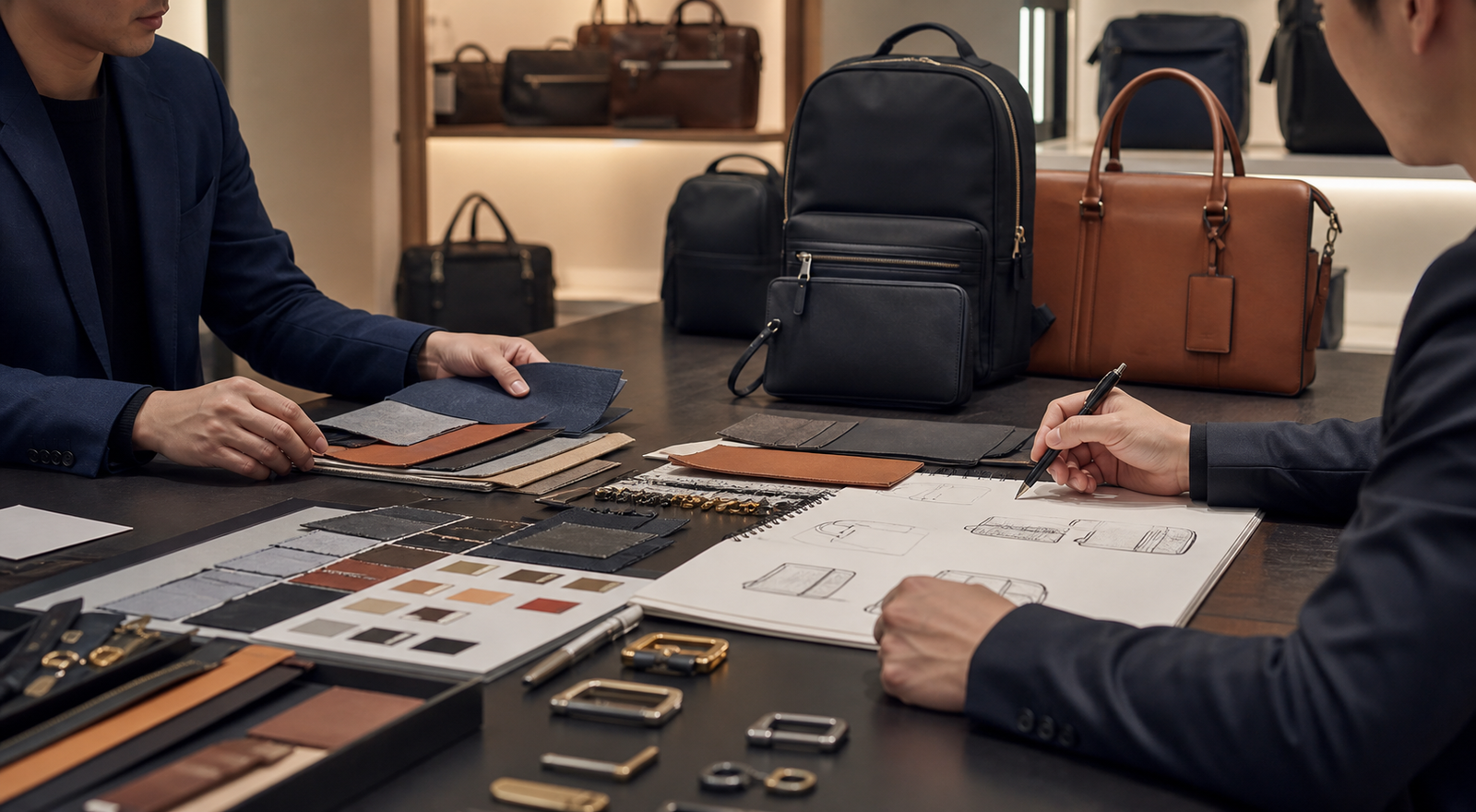 RAWDO BAGS custom bag design consultation with materials and sketches