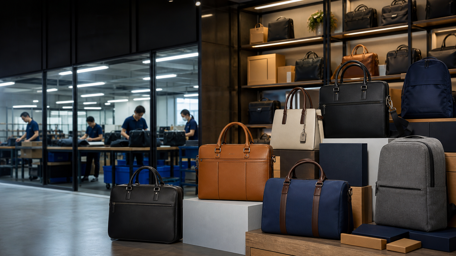 Ultra realistic RAWDO BAGS premium showroom and factory hero image